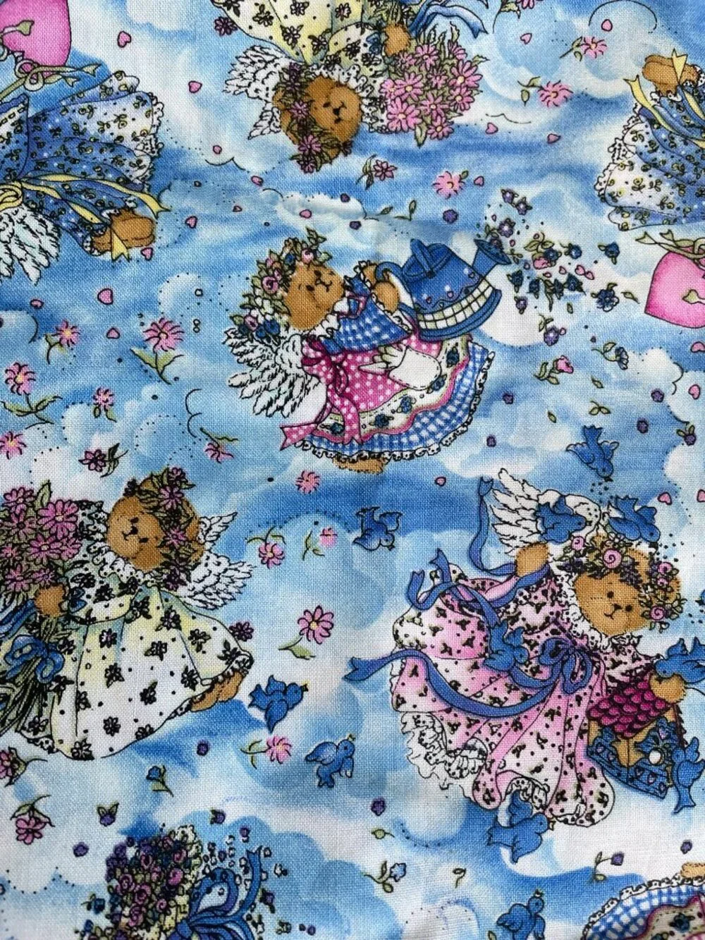 44 x 28” Vintage Retro Teddy Bear Floral Print  Cotton Fabric Quilting Crafting